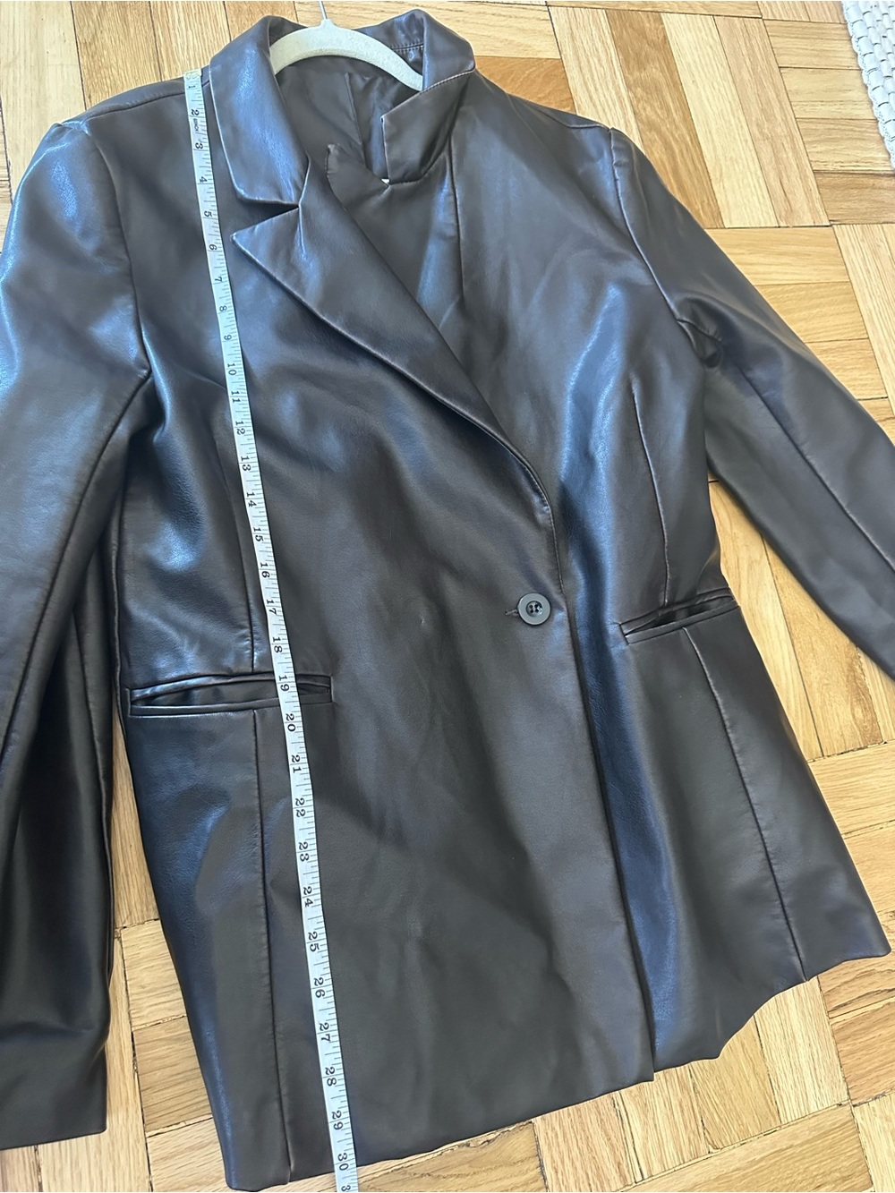 Women’s Black Faux Leather Blazer Jacket - Classic Tailored Coat - Picture 3 of 5